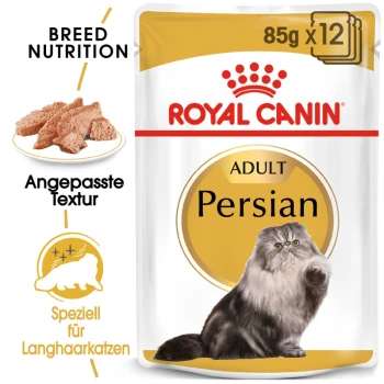 Persian Adult 12x85g Verpackung von Royal Canin Adult Persian Katzenfutter, mit einer Illustration einer flauschigen Perserkatze, mit Text, der die Rassenernährung und angepasste Textur hervorhebt.