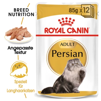 Verpackung von Royal Canin Adult Persian Katzenfutter, mit einer Illustration einer flauschigen Perserkatze, mit Text, der die Rassenernährung und angepasste Textur hervorhebt.