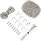 A collection of pet care supplies including a roll of twine, several metal hooks, plastic anchors, and zip ties, arranged neatly.