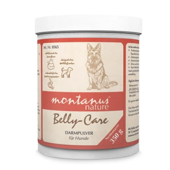 Behälter mit montanus nature Belly-Care Hundepulver, 350g, mit einer Illustration eines Deutschen Schäferhundes und aufgeführten Gesundheitsvorteilen.