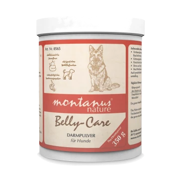 Behälter mit montanus nature Belly-Care Hundepulver, 350g, mit einer Illustration eines Deutschen Schäferhundes und aufgeführten Gesundheitsvorteilen.