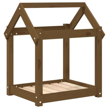Holzrahmen für ein Haustierhaus mit einem spitzen Dachdesign, mit einer offenen Struktur und einem laminierten Boden.