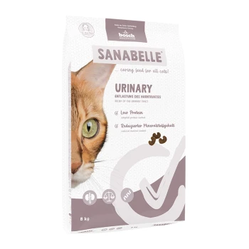 Katze Futterverpackung mit einer Nahaufnahme des Gesichts einer Katze, beschriftet "SANABELLE URINARY" mit Text in Deutsch und Englisch, 8 kg.