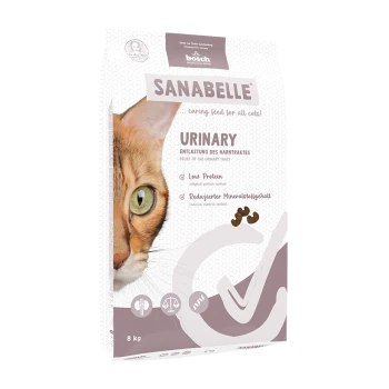 Katze Futterverpackung mit einer Nahaufnahme des Gesichts einer Katze, beschriftet "SANABELLE URINARY" mit Text in Deutsch und Englisch, 8 kg.