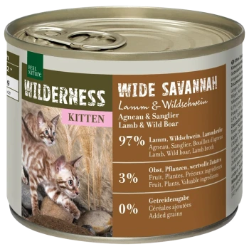 Eine Dose Wilderness-Kittenfutter mit zwei verspielten Kätzchen auf dem Etikett, mit Text, der 97% Lamm- und Wildschwein-Zutaten angibt.