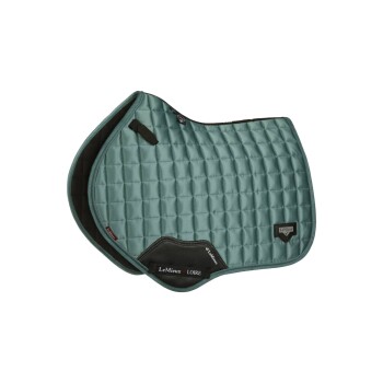 Ein türkisfarbenes, gestepptes Sattelpad mit schwarzem Lederbesatz, mit dem LeMieux-Logo und dem Text "Loire" an der Seite.