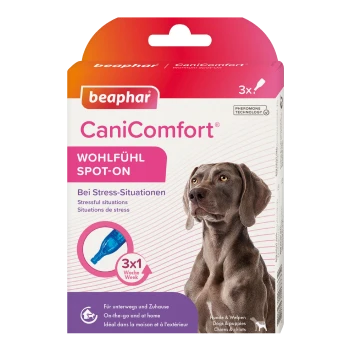 Emballage Beaphar CaniComfort Wohlfühl Spot-On pour chiens, conçu pour des situations stressantes, comprenant trois applications par semaine.