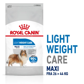 Royal Canin Light Weight Care Hundefutterbeutel mit Collie-Illustration und Text: "Hilft, Gewichtszunahme zu begrenzen" und "90% haben ein gesünderes Gewicht erreicht."