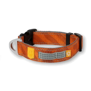 Oranges Haustierhalsband mit einem reflektierenden Streifen, schwarzem Schnallenverschluss und gelbem Anhänger mit einem Pfotenabdruck und einem Recycling-Symbol.