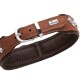 Gepolstertes braunes Lederhalsband mit silberner Schnalle, dekorativen Nieten und Metallplakette mit HUNTER-Logo