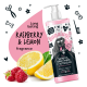 Flasche Bugalugs 3-in-1 Shampoo, Conditioner und Entwirrungsmittel mit Himbeer- und Zitronenduft, mit einem Cartoon-Hund und veganem Etikett.