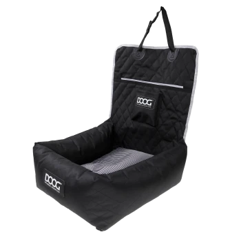 Schwarze gesteppte Autositzabdeckung für Haustiere mit gestreiftem Innenraum und einer Tasche, mit dem DOOG-Logo auf der Vorderseite.