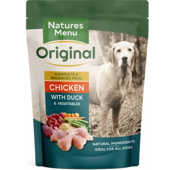 Dog food package featuring "Natures Menu Original" with a complete meal of chicken, duck, and vegetables; includes a dog image.