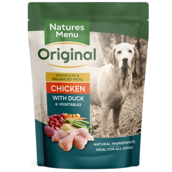 Dog food package featuring "Natures Menu Original" with a complete meal of chicken, duck, and vegetables; includes a dog image.