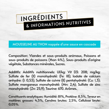Étiquette d'alimentation pour animaux : «INGRÉDIENTS & INFORMATIONS NUTRITIVES» et «MOUSSELINE AU THON nappée d'une sauce en cascade».