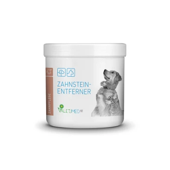 Behälter des dentalen Pflegeprodukts "Zahnstein-Entferner" für Haustiere, mit einer Illustration von Hund und Katze, gebrandet von VALETUMED PET.