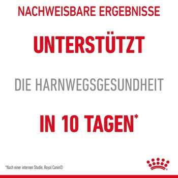 Text, der ein Haustierprodukt bewirbt, das die Harnwegsgesundheit in 10 Tagen unterstützt, mit dem Royal Canin-Logo.