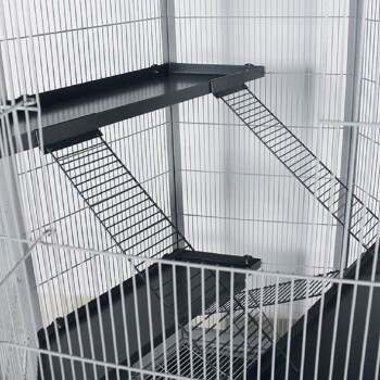 Ein mehrstöckiger Tierkäfig mit Metallrampen und Plattformen, entworfen für kleine Tiere, mit einem weißen Drahtgestell.