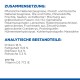 Zutatenliste und Nährwertanalyse für Haustierfutter auf Deutsch, die Zusammensetzung, Protein, Fett, Ballaststoffe, Aschegehalt und Vitamin D3 detailliert beschreibt.
