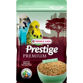 A bag of Versele-Laga Prestige Premium bird food for budgies, featuring two colorful budgerigars on the front and a bowl of mixed seeds.