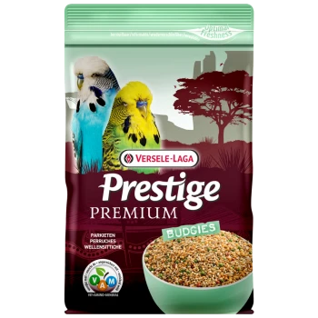 A bag of Versele-Laga Prestige Premium bird food for budgies, featuring two colorful budgerigars on the front and a bowl of mixed seeds.