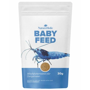 NatureHolic BABY FEED 30g-Tüte für Ziergarnelen, blaue Garnelen-Illustration, Text ‚Mischfuttermittel für Ziergarnelen‘