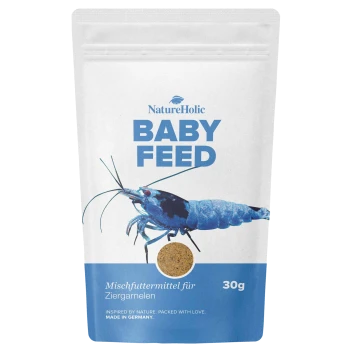 NatureHolic BABY FEED 30g-Tüte für Ziergarnelen, blaue Garnelen-Illustration, Text ‚Mischfuttermittel für Ziergarnelen‘