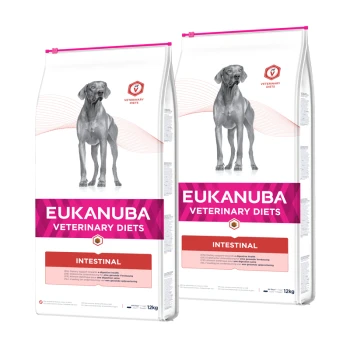 Sacs de nourriture pour chiens Eukanuba Veterinary Diets Intestinal, présentant une silhouette de chien, étiquetés avec un soutien nutritionnel pour la santé digestive.