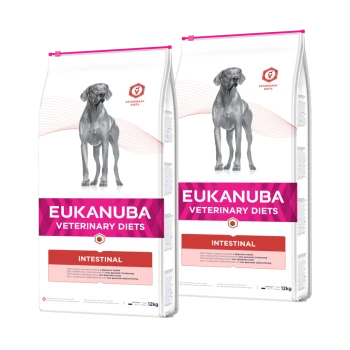 Torby karmy dla psów Eukanuba Veterinary Diets Intestinal, z sylwetką psa, oznaczone wsparciem odżywczym dla zdrowia trawiennego.