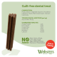 Whimzees guilt-free dental treat: three brown chew sticks, ingredients and 'No Added' list, 'Low in Calories' badge