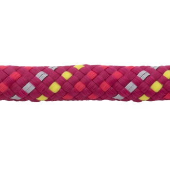 Bunt geflochtenes Haustierspielzeug in Pink, Rot, Gelb und Silber, entworfen für Hunde zum Kauen und Spielen.
