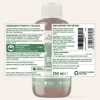 AniForte Premium Futteröl für Hunde (250 ml) mit deutschen und englischen Etiketten zu Zutaten und Fütterungshinweisen. Enthält verschiedene Öle.