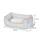 Light gray rectangular pet bed with peach trim and cream cushion and heart logo; dimensions labeled 50 cm × 35 cm × 17 cm