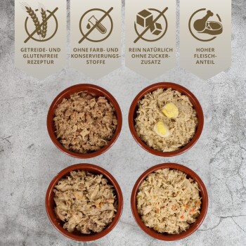 Vier braune Keramikschalen mit getreidefreiem, glutenfreiem Haustierfutter, gekennzeichnet mit Symbolen für keine künstlichen Zusatzstoffe und hohen Fleischanteil.