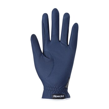 Marineblaue Haustierpflege-Handschuhe mit strukturierter Oberfläche, die eine enge Passform und den Markennamen "Roeckl" am Handgelenk aufweisen.