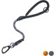 Eine strapazierfähige graue Hundeleine mit einem gepolsterten schwarzen Griff und einem Metallclip, mit dem Markennamen "Flaxik" auf dem Griff.