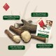 Natürliche Hundekau-Sticks aus 100% Hirschgeweih, mit geschliffenen Kanten und einem Verpackungslabel mit Nährwertangaben.