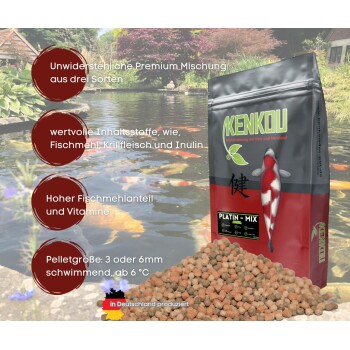 Kenkou Platin-Mix Koi-Futterbeutel vor einem Teich mit Koi-Fischen, mit Text über hochwertige Zutaten und Produktionsdetails.