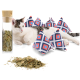 Eine entspannte Katze liegt neben bunten, pyramidenförmigen Katzenminze-Spielzeugen und einem Glasbehälter, der mit getrockneten Katzenminzblättern gefüllt ist.