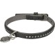 Stylish black pet collar adorned with sparkling rhinestones and a silver charm, featuring an adjustable buckle for a secure fit.