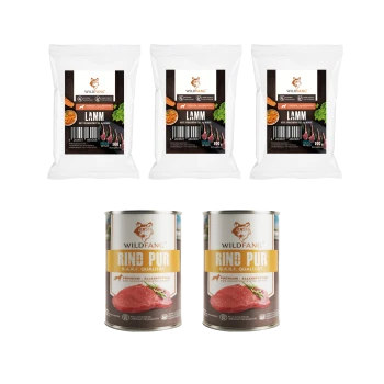 Wildfang Tiernahrungsprodukte, darunter drei 100g Lamm-Packungen und zwei Dosen Rind Pur B.A.R.F. Qualitäts-Hundefutter.