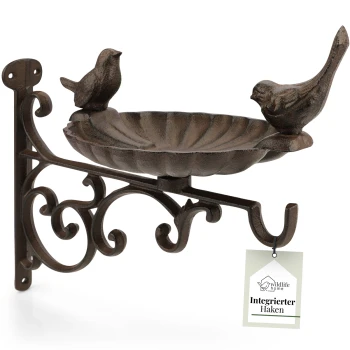 Dekorativer Vogelhaus-Futterspender aus Gusseisen mit zwei Vogelfiguren, die auf dem Rand sitzen, mit einem Scroll-Design und einem Etikett, das "Integrierter Haken" liest.