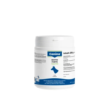 Tabletki Biotin Forte 200 g Tabletki Canina Biotin Forte dla psów, pojemnik 200g, z niebieską i białą etykietą zawierającą informacje o wartości odżywczej i instrukcje użytkowania.