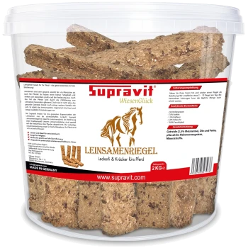 Klarer Plastikbehälter mit Supravit WiesenGlück Leinsamenriegel Pferdeleckerlis, 2 kg, mit deutschem Text und Pferdelogo.
