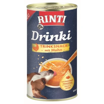 Rinti Drinki Hundefutterdose mit einem Hund, der aus einer Schüssel trinkt, gekennzeichnet mit "TRINKSNACK mit Huhn", mit einem Hinweis auf niedrige Kalorien.