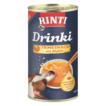 Rinti Drinki Hundefutterdose mit einem Hund, der aus einer Schüssel trinkt, gekennzeichnet mit "TRINKSNACK mit Huhn", mit einem Hinweis auf niedrige Kalorien.