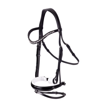 Schwarzes Haustiergeschirr mit einem glänzenden Strassakzent, mit verstellbaren Riemen und einem gepolsterten weißen Bereich für Komfort.