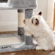 Eine flauschige weiße Katze mit braunen Flecken kratzt an einem grauen Katzenbaum mit sisalummantelten Pfosten und zeigt ihr verspieltes Verhalten.