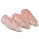 Drei rohe Hähnchenbrustfilets, die auf einem weißen Hintergrund präsentiert werden, mit ihrer glatten, blassrosa Oberfläche.