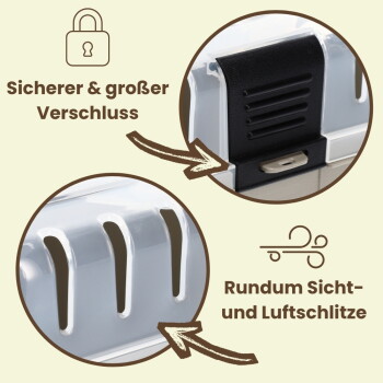 Transportbox: schwarzer Verschluss, Lüftungsschlitze; deutscher Text: 'Sicherer & großer Verschluss' 'Rundum Sicht- und Luftschlitze'.